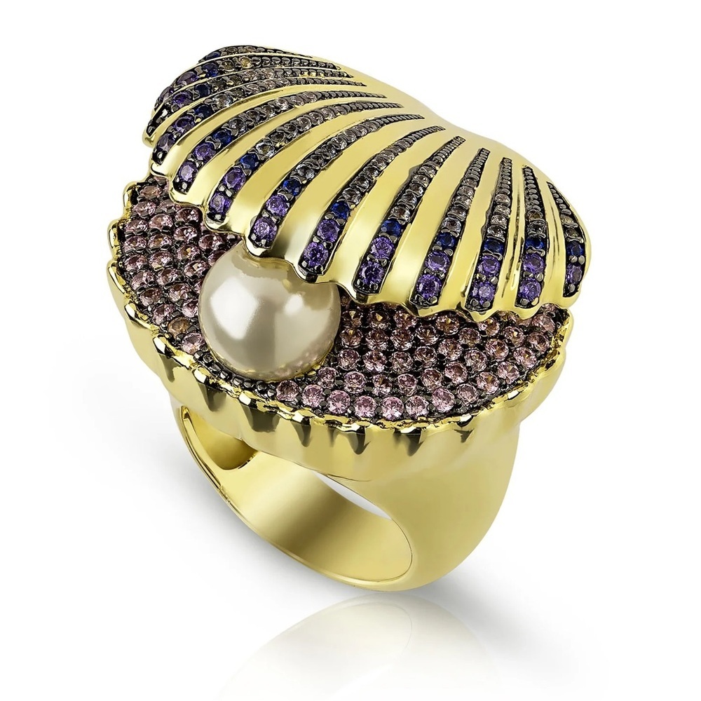 14KT Gold Plated Clamshell with Pearl Scallop Surprise Cocktail Statement Ring